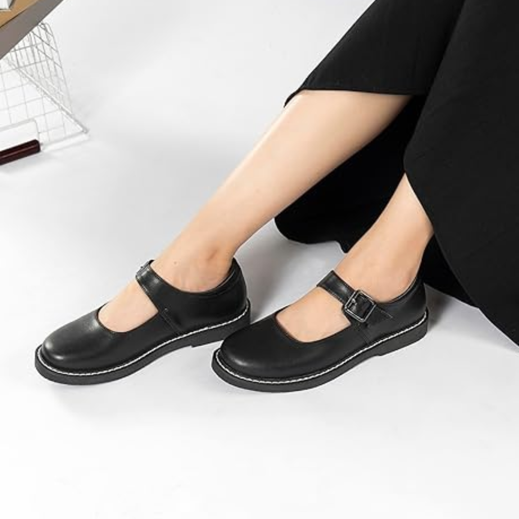 Damskie buty Mary Jane skórzane czarne, antypoślizgowe